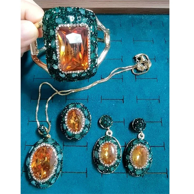 Round Colored Change Sultanite Crystal Bangle Rings Sets for Women Necklace Earring Rings Golden Green Zultanite Quartz Jewelry