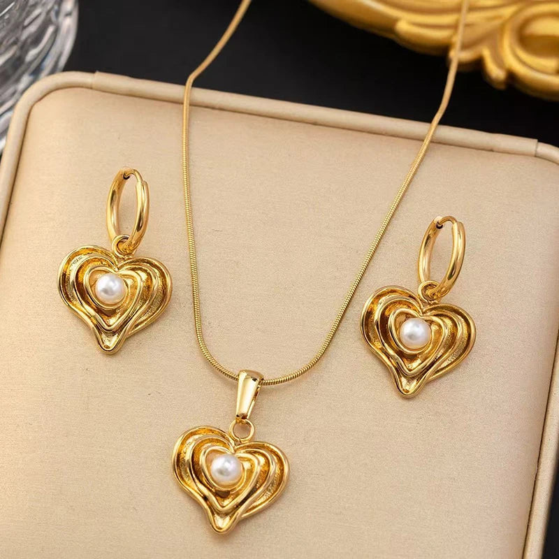 EILIECK New Fashion Stainless Steel Metal Heart Pearl Necklace Earrings For Women Trendy Gold Color Waterproof Jewelry Set Gift