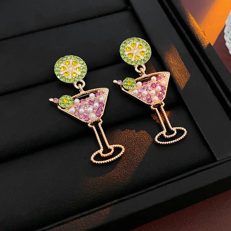 Vintage Lime Wine Glass Earrings for Women Temperament Light Luxury Inlaid Rhinestone Pearl Earring High-grade Sense Jewelry