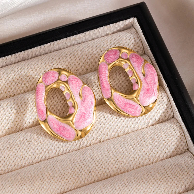 ANENJERY 316L Stainless Steel Hollow Irregular Round Stud Earrings For Women Temperament Luxury Niche Simple Jewelry Gift