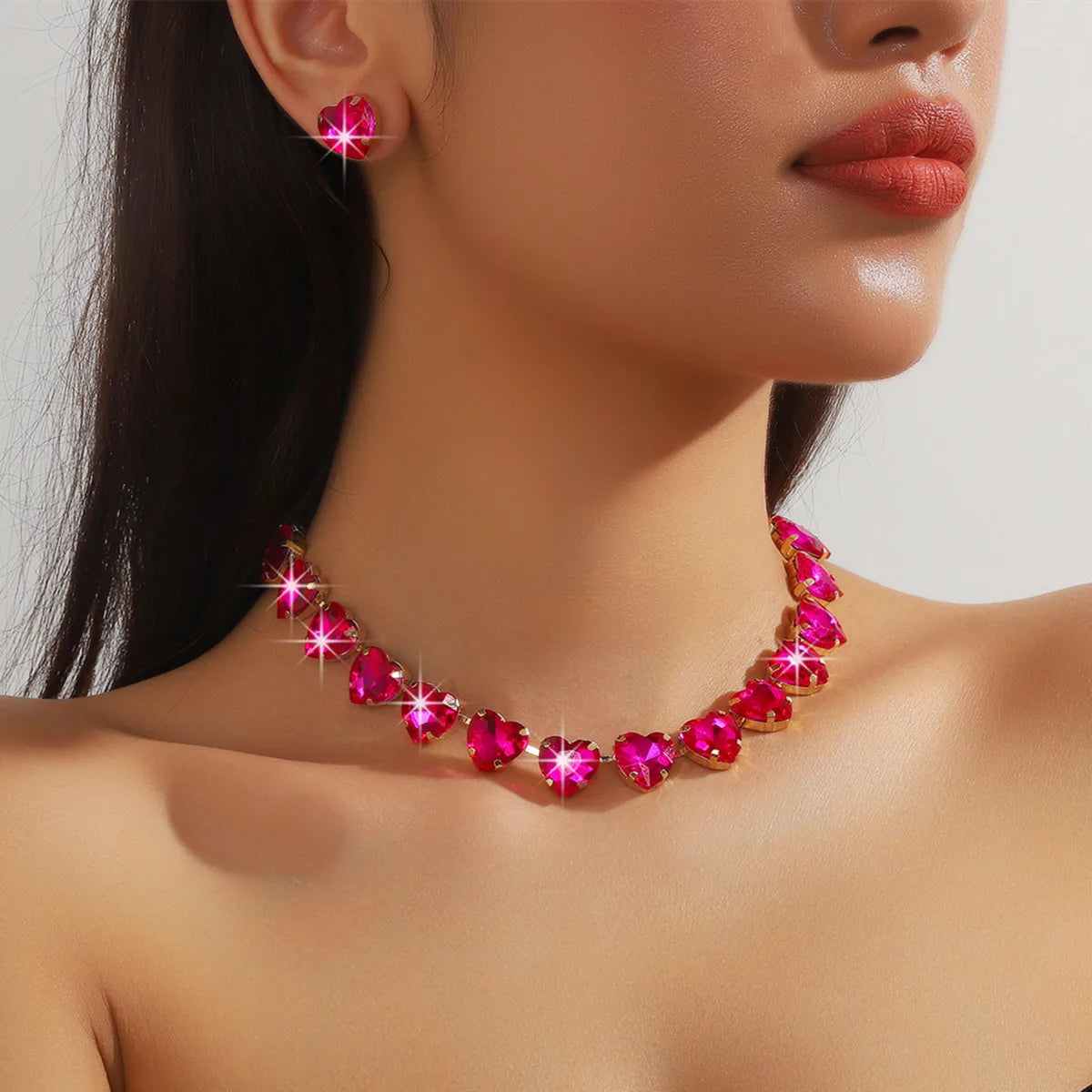 FYUAN Sweet Rose Red Heart Pendant Necklace For Women Crystal Earrings Weddings Banquet Jewelry Sets