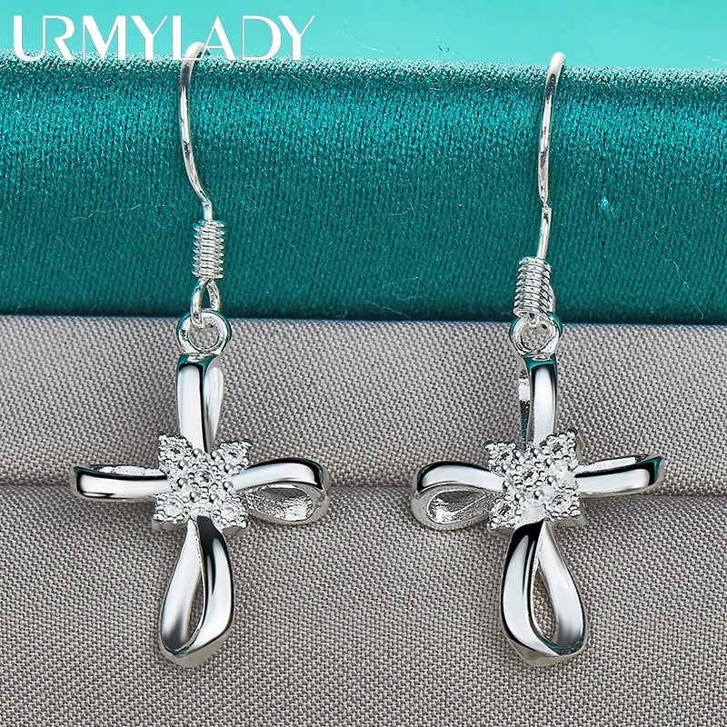 URMYLADY 925 Sterling Silver Bowknot Zircon Earrings For Women Wedding Party Charm Jewelry