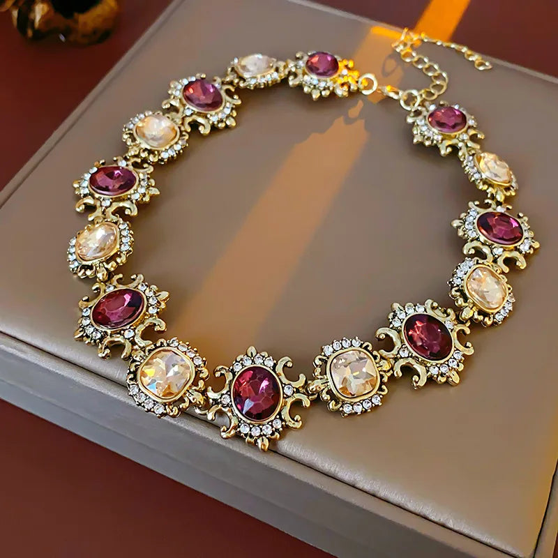 Vintage Square Rhinestone Round Drop Earring Chain Necklace Palace Style Luxury High-end Design Women's Jewelry Sets Wedding J