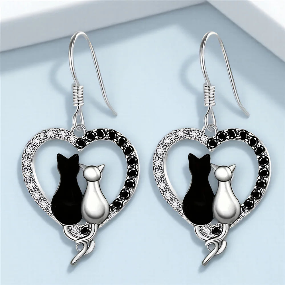 Charm Female White Black Zircon Stone Cat Animal Drop Earrings Cute Trendy Bridal Silver Color Dangle Wedding Jewelry For Women