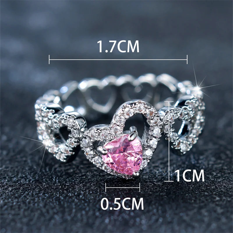 Luxury Female Pink Zircon Stone Ring Trendy Silver Color Heart Engagement Cute Bride Wedding Jewelry Gift For Women