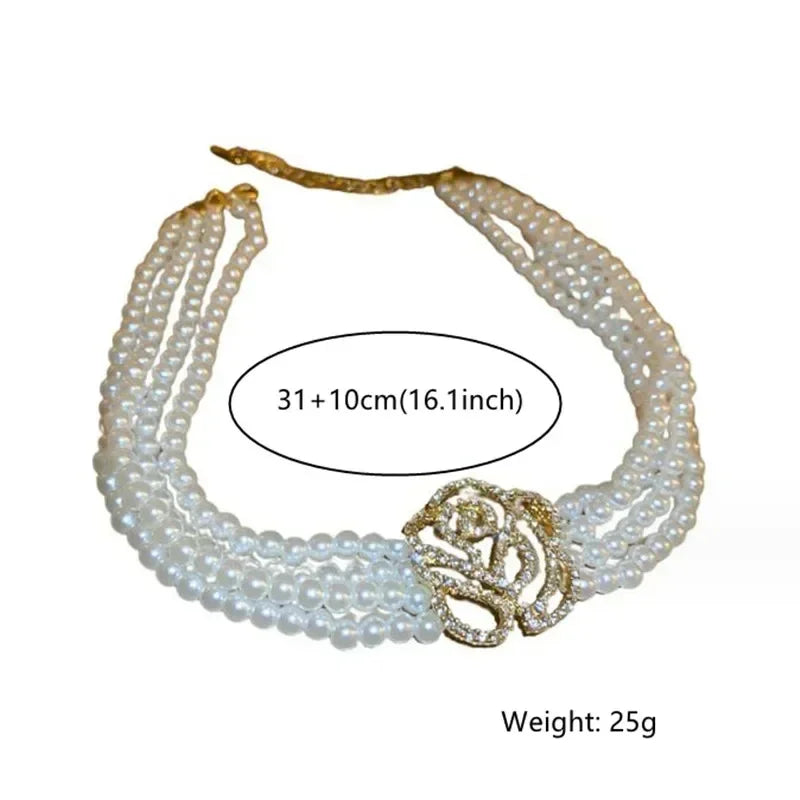 Elegant Multilayer Pearl Choker Necklaces for Women Crystal Flowers Necklaces Weddings Party Jewelry