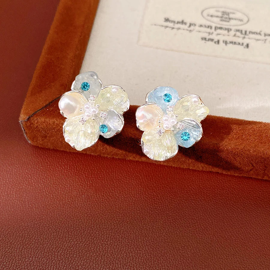 Iridescent Glass Beads Zircon Flower Stud Earrings Pastel Floral Imitation Pearl Earrings for Women Fairy Dating Daily Jewelry N