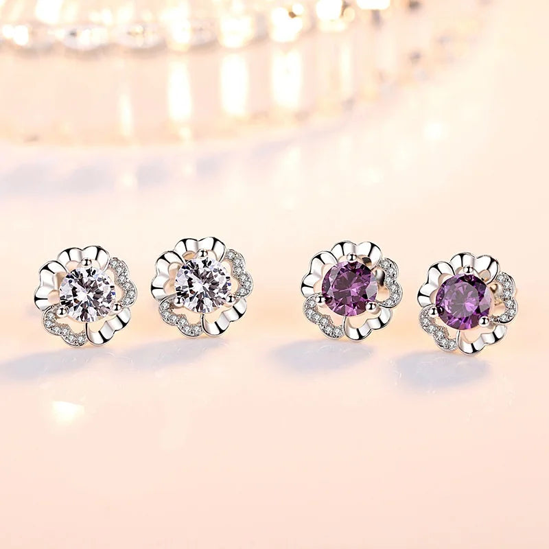 Luxury Charm Female White Purple Zircon Stone Fashion Stud Earrings Silver Color Wedding Jewelry For Women