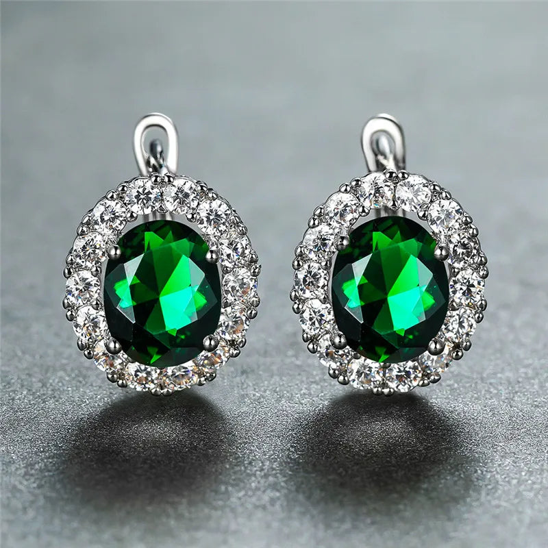 Luxury Crystal Purple Oval Stone Earrings Multicolor Zircon Small Hoop Earrings Classic Silver Color Wedding Earrings For Women