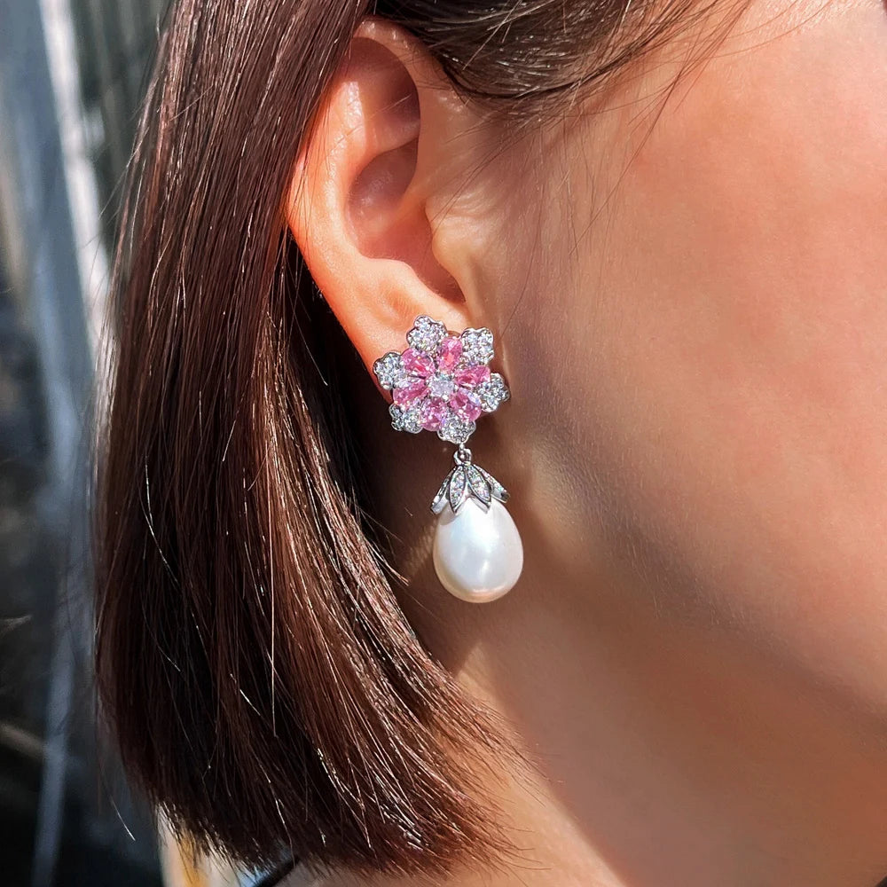 ThreeGraces Delicate Shiny Pink Zirconia Simulated Pearl Long Flower Drop Earrings for Women Bridal Wedding Party Jewelry E1929