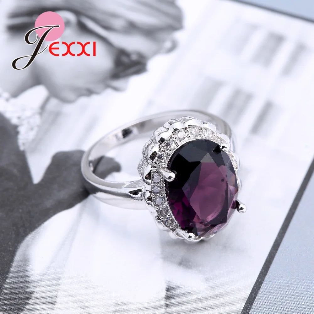 Fashion Round 925 Sterling Silver Purple CZ Cubic Zirconia Wedding Rings For Women Finger Ring Wedding Accessories