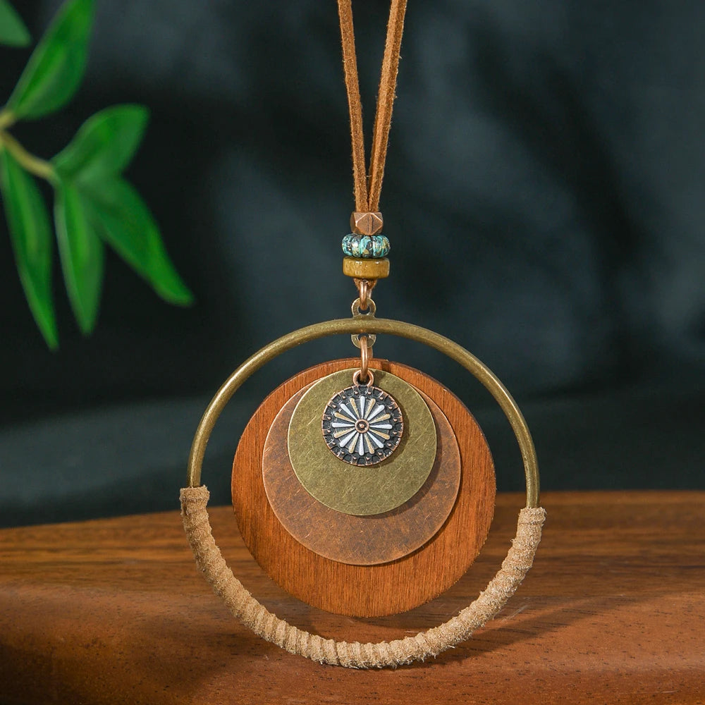 1 Pcs Women's Retro Boho Pendant Necklace Statement Large Circle Multi-layer Sweater Chain Daily Wear Commuting Party All-match