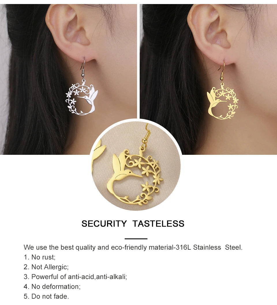 My Shape Hummingbird Earrings for Women Stainless Steel Flowers Birds Dangle Earrings Filigree Boho Fashion Jewelry  Gifts