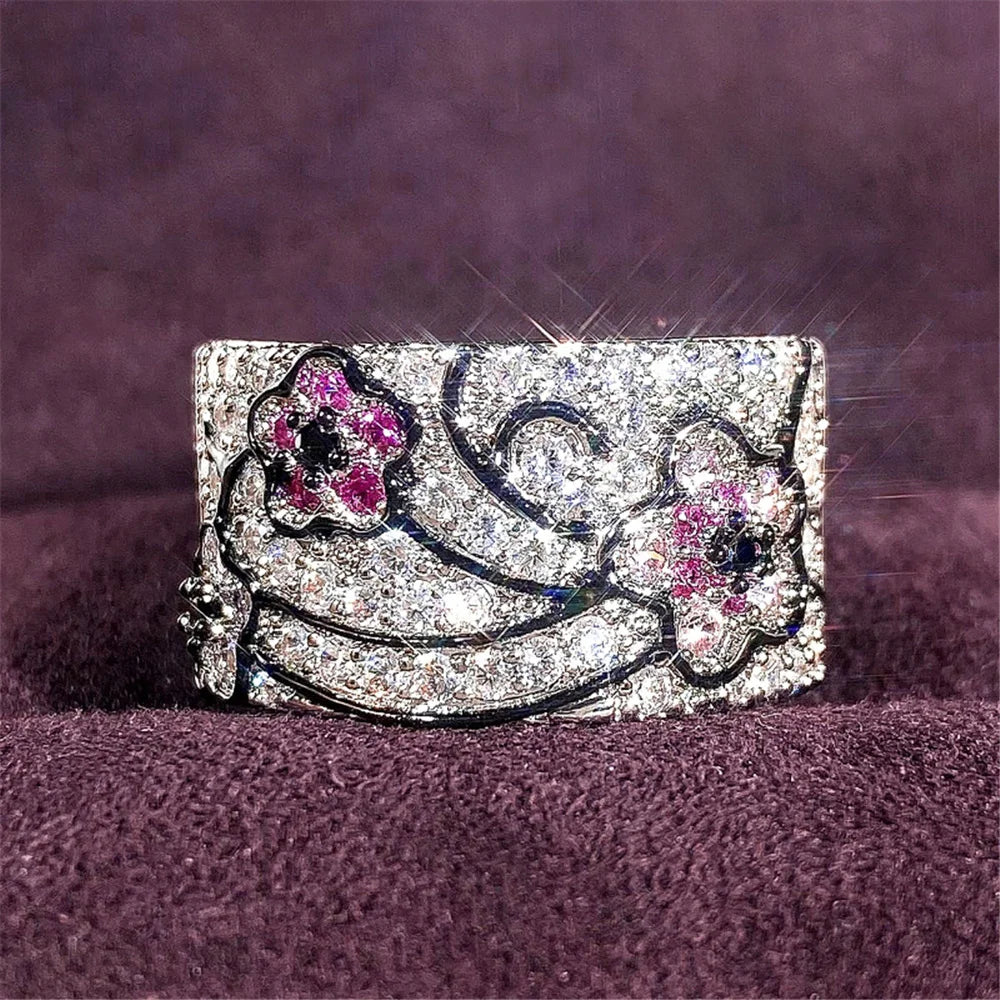 Cute Female White Red Zircon Round Stone Silver Color Wedding Jewelry Promise Engagement Rings For Women