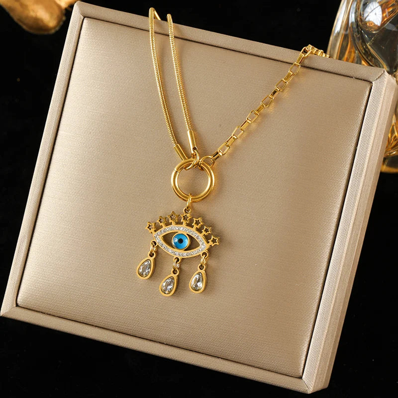 EILIECK 316L Stainless Steel Metal Sun Starfish Shells Pendant Necklace For Women Exquisite Neck Chain Waterproof Jewelry Gift