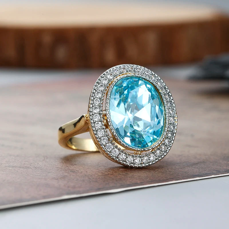 1pc Round Shaped Women Two Tone Ring Gentle Wedding Party Inlaid Brilliant Blue Cubic Zirconia Fashion Party Accessories Jewelry