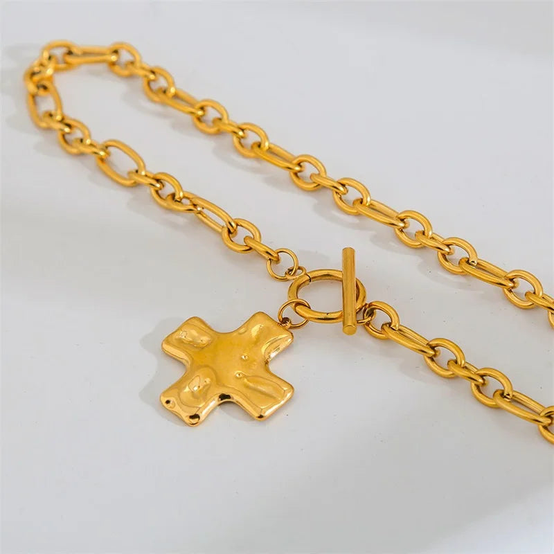 EILIECK 316L Stainless Steel Metal Cross Pendant Necklace For Women Trendy Gold Color OT Clasp Neck Chain Waterproof Jewelry