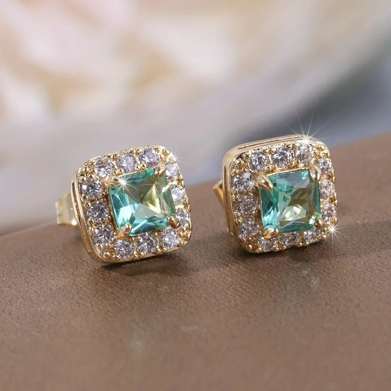 Eternity Green CZ Stud Earrings for Women Gold Color Luxury Bride Wedding Earrings Elegant Ear Accessories Party Jewelry