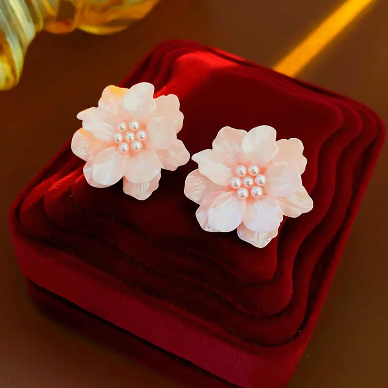 Kaitin Acrylic Pink Flower Pearl Earrings Ins Simple and Fashionable Earrings Temperament Versatile Earrings Wholesale for Women
