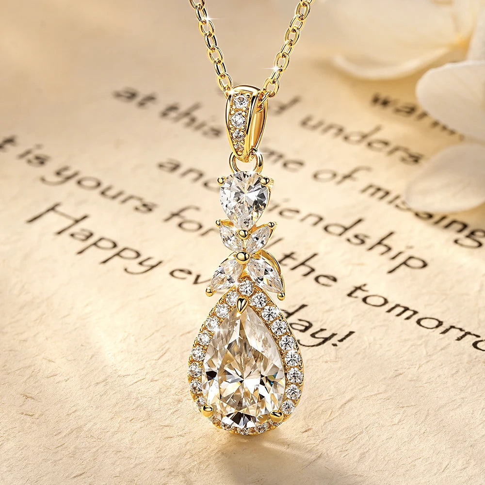 OXTAO 14K Gold Filled Teardrop Pendant Necklace 7x10.5mm Pear Shape Certified Moissanite Floral-Style Necklace for Women Jewelry