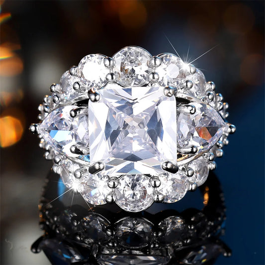 White Zircon Flower Big Square Crystal Stone Rings For Women Vintage Silver Color Engagement Bands Wedding Jewelry