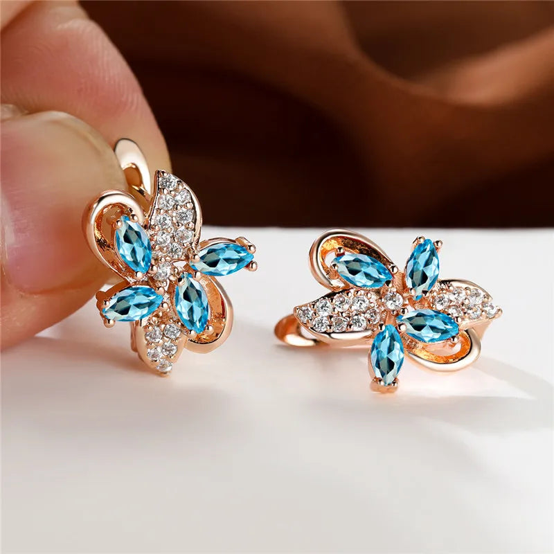 Cute Star Flower Multicolor Red Blue Zircon Stone Hoop Earrings Rose Gold Color Wedding Jewelry For Women