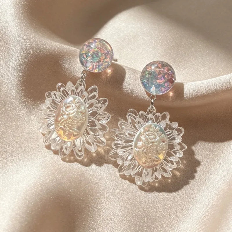Transparent Flowers Women Earrings Sweet Light Luxury Fashion Jewelry Elegant Vintage Palace Style Pendientes Mujer