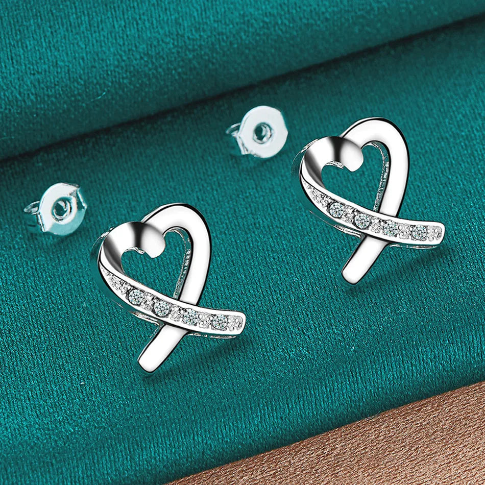 URMYLADY 925 Sterling Silver Love Heart Zircon Stud Earrings For Women Wedding Party Fashion Jewelry