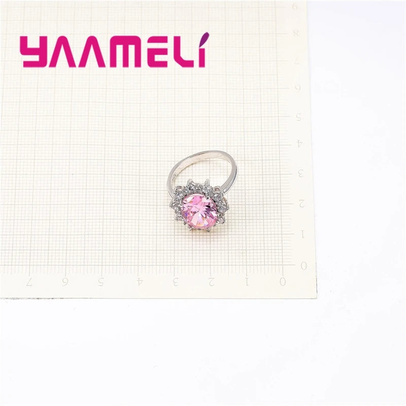 Gorgeous Sweet Real 925 Sterling Silver Color Big Oval Pink Crystals Rings For Lady Women Wedding Engagement Fashion Anel