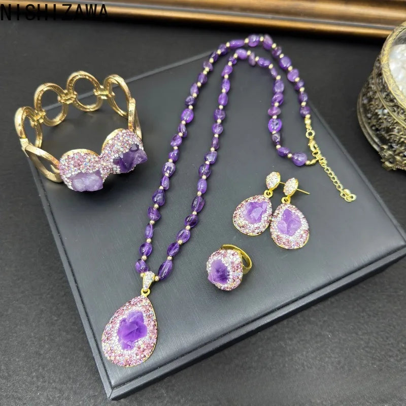NISHIZAWA Amethyst Earrings for Women Turkish Style Geometric Vintage Jewelry Light Luxury Fashion Elegant Aretes De Mujer