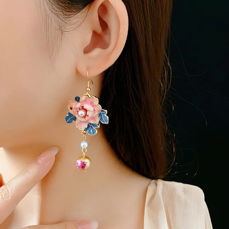 Dripping Oil Flower IDangle Earrings Woman Retro Imitation Pearl Tassel Earrings Exquisite Ear Hooks Banquet Jewelry Gifts K