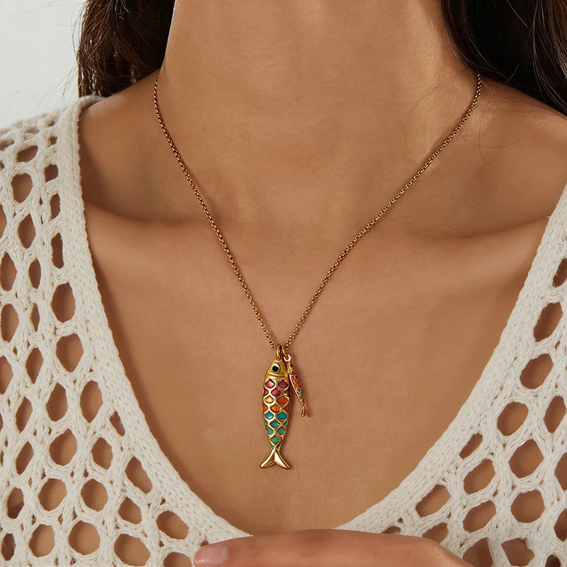 EILIECK Women's Trendy Colorful Creative Fish Pendant Necklace Stainless Steel Neck Chain Daily Water-resistant Jewelry Gift