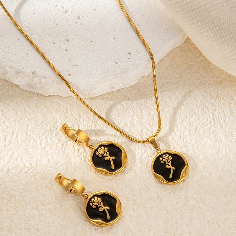 ANENJERY 316L Stainless Steel Rose Black White Pendant Necklace Earring For Women Vintage Gentle Jewelry Set Gifts