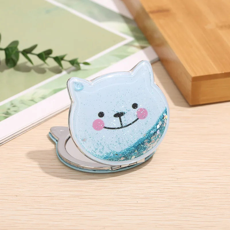 Cute Cat Shaped Handheld Mirror with Shiny Sequins Design Portable Small Folding Hand Mirror Double Side Makeup Mirror Gift