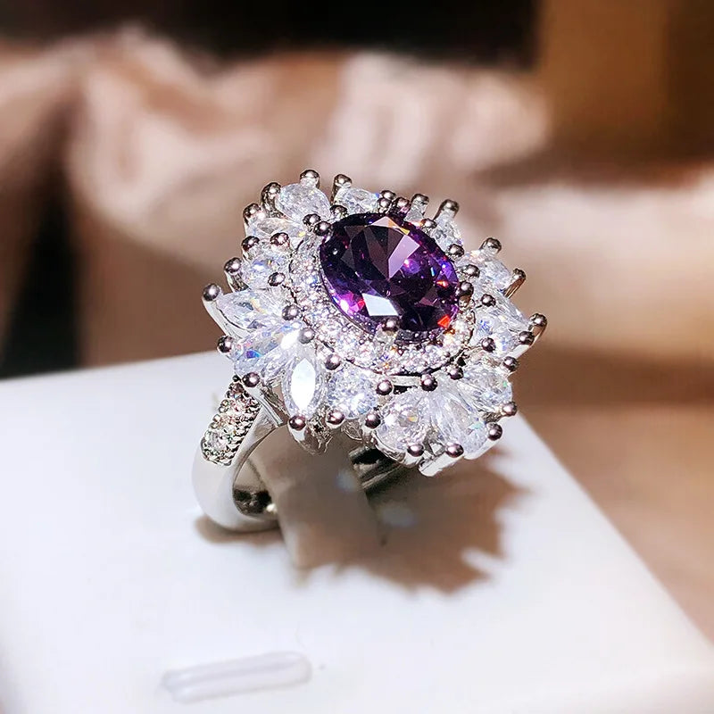 Classic Long Pillow Deep Purple Zircon Full Diamond Ring For Women 925 Silver Fashion Simulation Amethyst Open Ring Wedding Gift