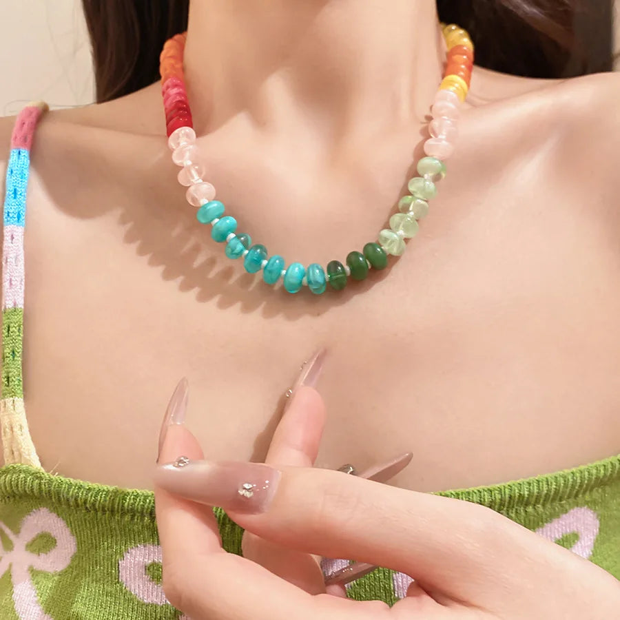 European American Jewelry Rainbow Acrylic Beaded Clavicle Chain Dopamine Sweet Irregular Necklace for Women