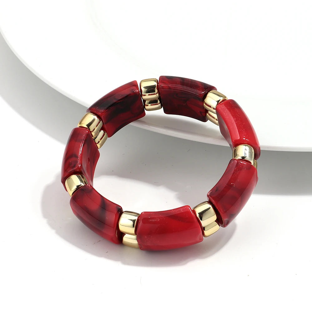 Vintage Acrylic Marbled Elastic Beads Bangle Bracelets for Women Fashion Golden CCB Round Beaded Cuff Bracelet Jewelry Gifts