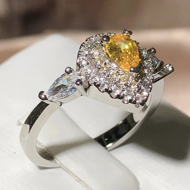 Classic Water Drop Yellow Zirconia Full Diamond Sparkle Ring Women Party Wedding 925 Stamp Fashion Jewelry Ladies Gift