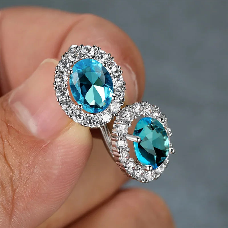 Luxury Crystal Purple Oval Stone Earrings Multicolor Zircon Small Hoop Earrings Classic Silver Color Wedding Earrings For Women