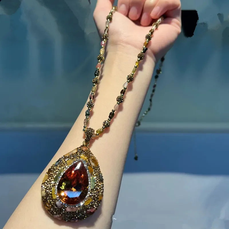 Unique Sudan Stone Crystal Charm Necklace Stud Earring Set Sultanite Color Change Tourmaline Waterdrop Zultanite Jewelry Sets