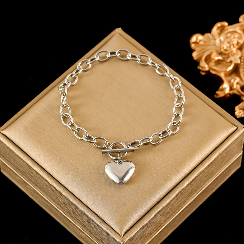 EILIECK 316L Stainless Steel Silver Color Heart Love Necklace Bracelets Set For Women Trendy OT Buckle Waterproof Jewelry Set