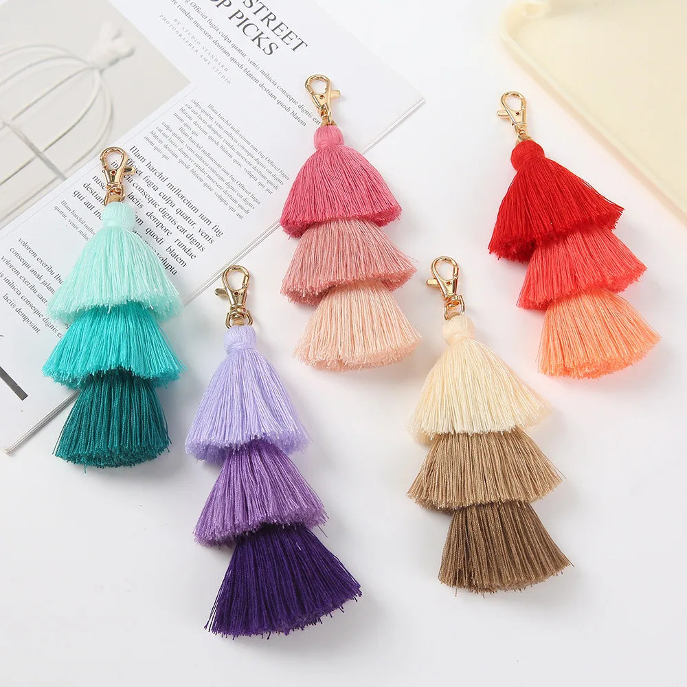 Boho Colorful Three-layer Tassels Pendant Keychains Ethnic Style Handmade Tassel Drop Jewelry Gifts Bag Accessory