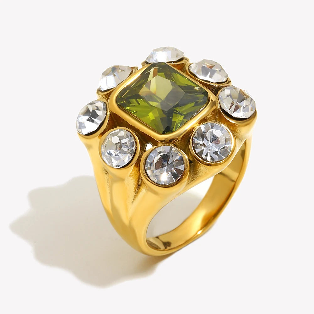 E.B.belle Party Shiny Flower Luxury Clear Green Zircon Ring Stainless Steel PVD Plated Fashion Women Stetement Jewelry
