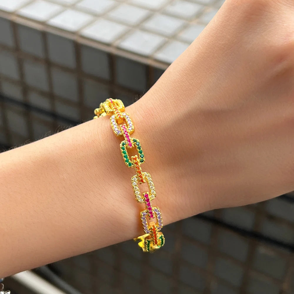 ThreeGraces Fashion Shiny Multicolor Cubic Zirconia Geometric Cuban Link Chain Cuff Bangle for Women Trendy Party Jewelry B077