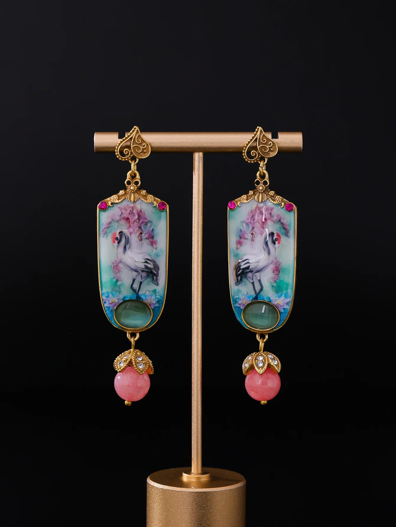 Retro Chinese Style Women Earrings Enamel Painted Cat's Eye Stones Fashion Jewelry Elegant Versatile Aretes De Mujer