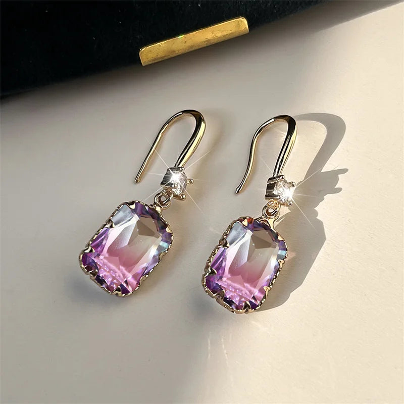 Cute Female Red Green Rainbow Drop Earrings Luxury White Crystal Earrings Yellow Gold Color Wedding Earrings For Women
