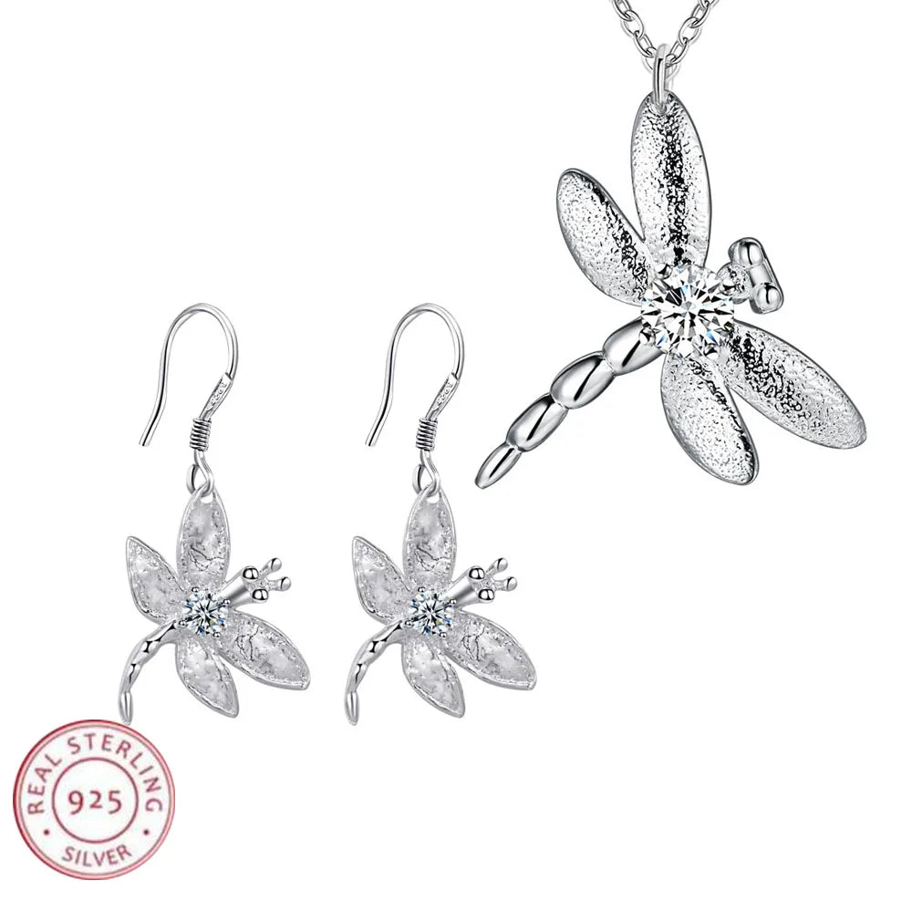 New 925 Sterling Silver Set High Quality Dragonfly Necklace Earring Chain Fashion Jewelry For Women Wedding Birthday Party Gift