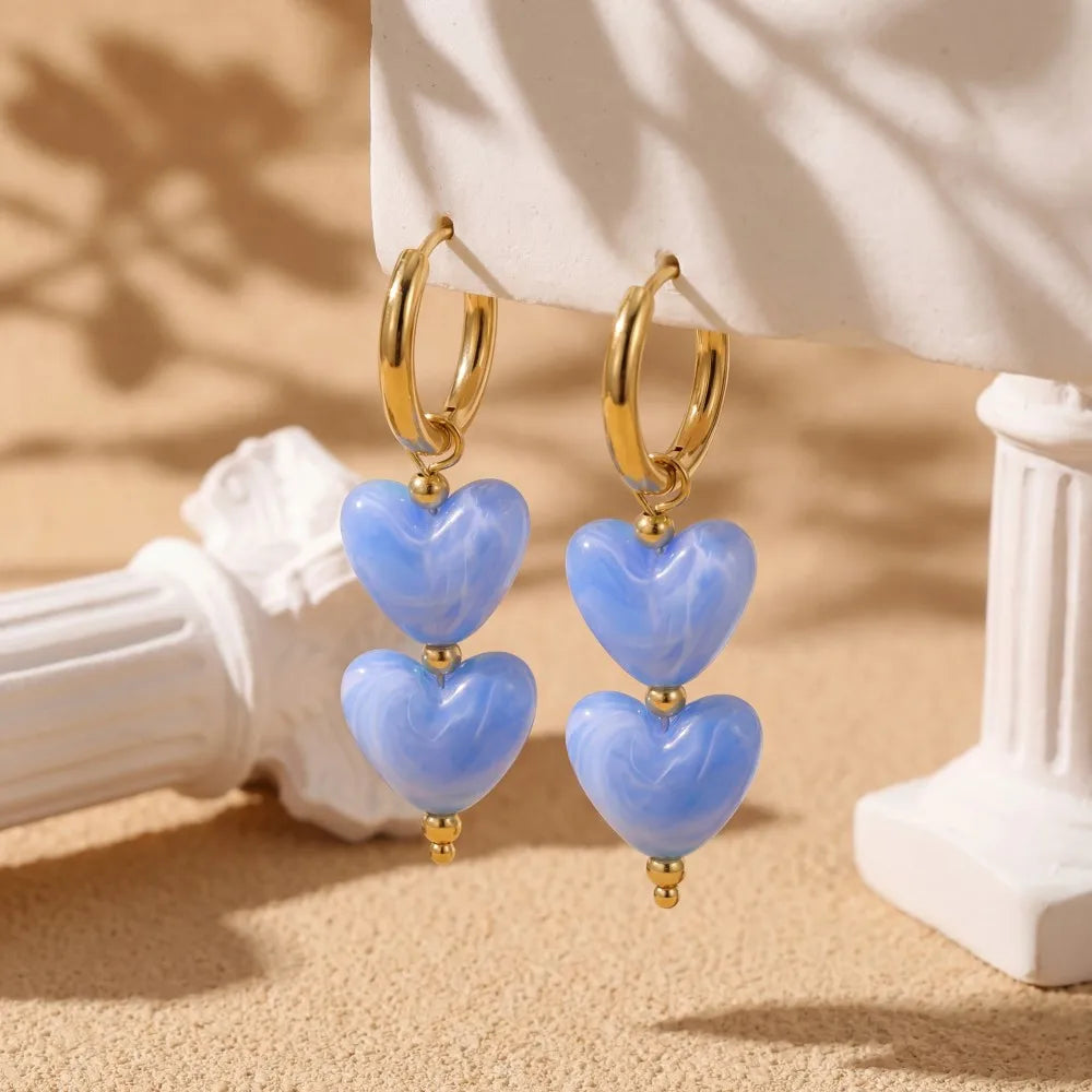 Badu Colorful Acrylic Double Heart Drop Earrings for Women Y2K Sweet Daily Party Accessories
