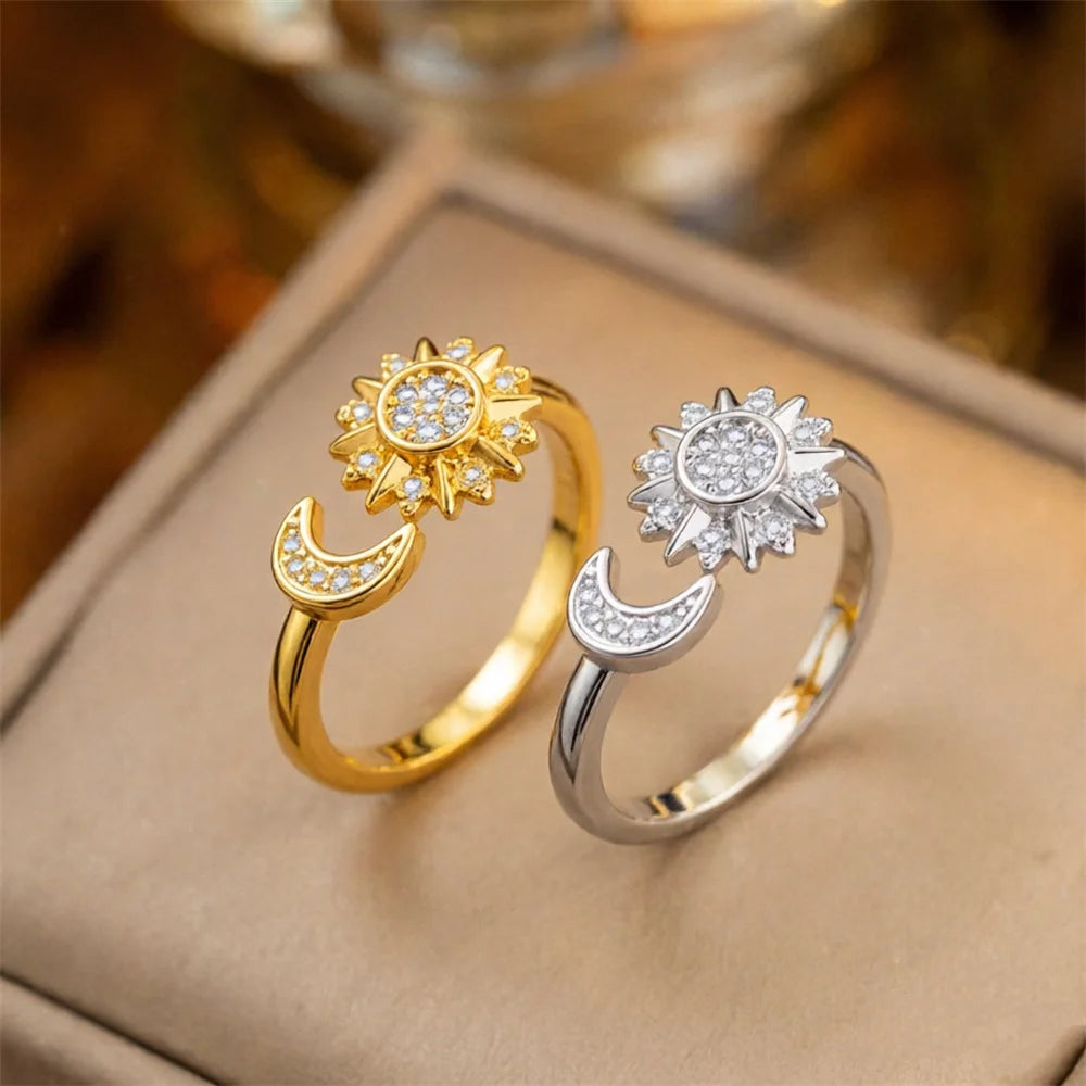 Charm Female White Small Moon Sun Zircon Stone Tredny Adjustable Open Ring Gold Silver Color Cute Gift Wedding Jewelry For Women