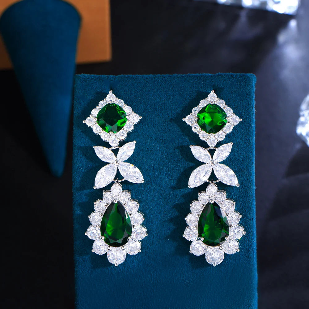 ThreeGraces Luxury Shiny Green Water Drop Zirconia Long Big Dangle Earrings for Women Bridal Wedding Party Jewelry E1748